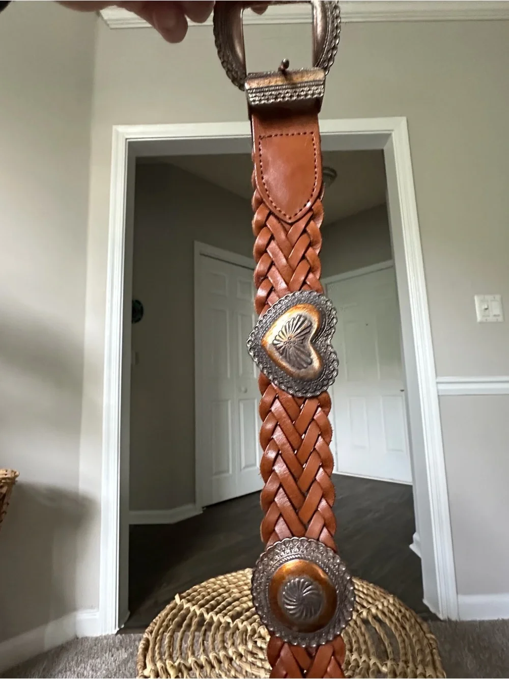 Brighton Braided Leather Belt with Heart Conchos in Chestnut Brown and Silver